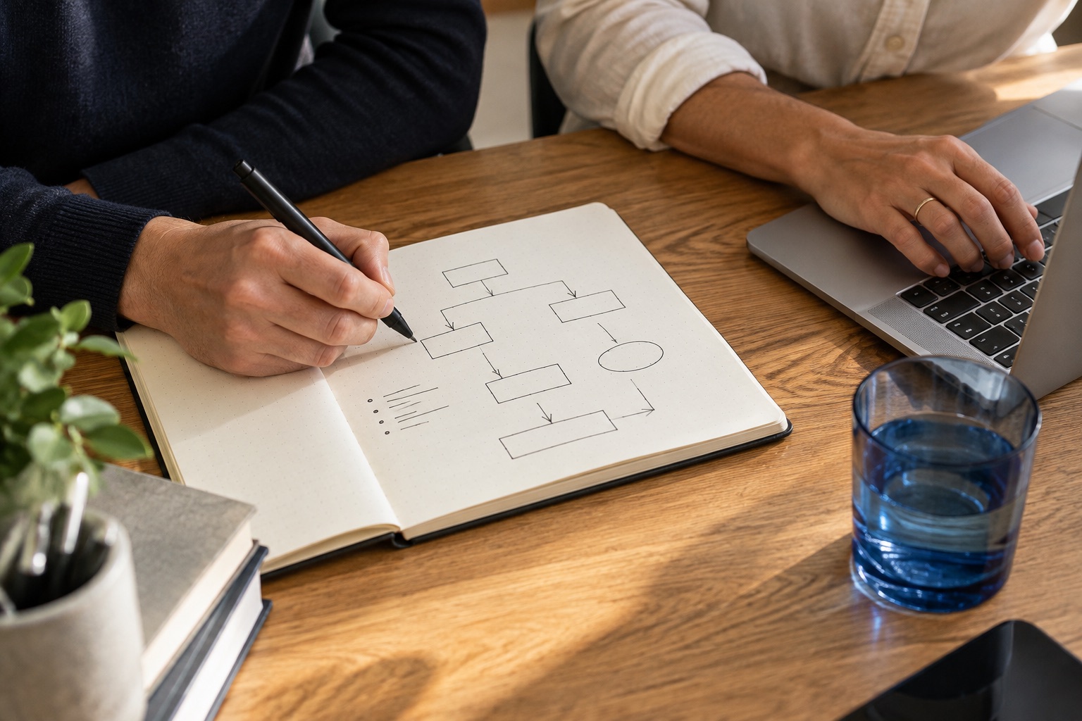Hands mapping a workflow in a notebook beside a laptop